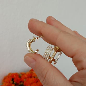 14K Altın Kaplama 3'lü İncili Yarım Halka Küpe