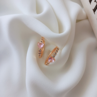 Kalp Detayli Pembe Zirkon Taşlı Gold Küpe