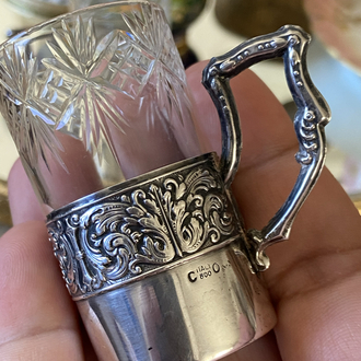 İtalyan 800 Ayar Gümüş Zarflı El Kesim Kristal Likör Kadehi