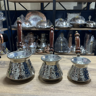 Kabartma Nakışlı Nikelli Bakır Cezve Seti