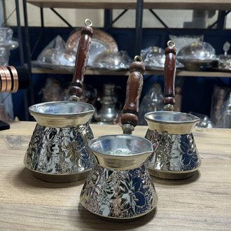 Kabartma Nakışlı Nikelli Bakır Cezve Seti