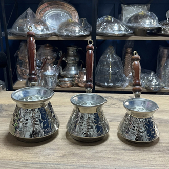 Kabartma Nakışlı Nikelli Bakır Cezve Seti