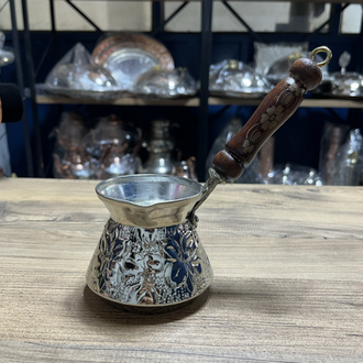 Kabartma Nakışlı Nikelli Bakır Cezve No:1