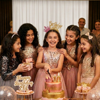 Birthday girl tasarımlı pembe simli altın taçlı model