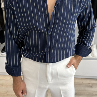 Çizgili Gömlek Oversize Lacivert