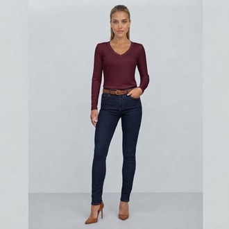 Premium Relax Fit V Yaka Uzun Kollu Tişört Bordo