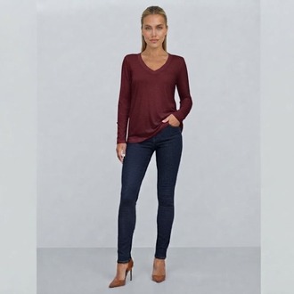 Premium Relax Fit V Yaka Uzun Kollu Tişört Bordo