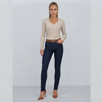 Premium Relax Fit V Yaka Uzun Kollu Tişört Bej