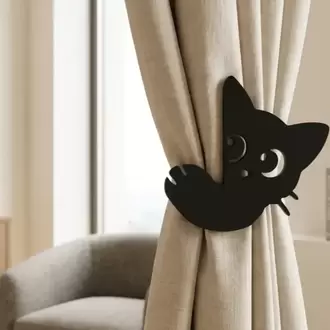Siyah Kedi Tasarımlı Dekoratif Perde Tutucu ve Bağı