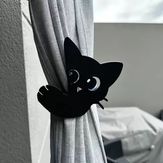 Siyah Kedi Tasarımlı Dekoratif Perde Tutucu ve Bağı