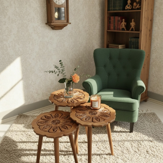 3’lü Kayın Sehpa - Lale Modeli Ceviz