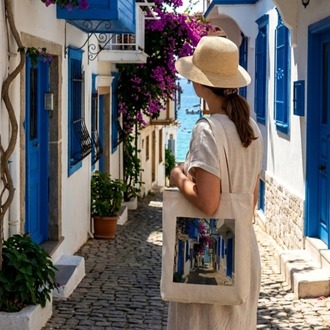 Bodrum Temalı Çiçekli İllüstrasyon Baskılı Ham Bez Plaj Yazlık Günlük Çanta