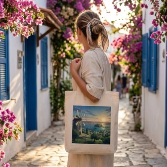 Bodrum Temalı Çiçekli İllüstrasyon Baskılı Ham Bez Plaj Yazlık Günlük Çanta