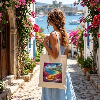Bodrum Temalı Çiçekli İllüstrasyon Baskılı Ham Bez Plaj Yazlık Günlük Çanta
