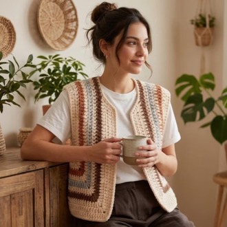 Crochet Vest Pattern PDF Two Piece Boho Sweater Chunky Sleeveless Cardigan Tutorial