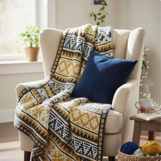 Modern Mosaic Crochet Pattern, Aztec Style Blanket, Mustard and Navy Blue Afghan PDF