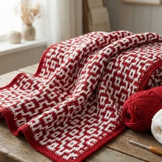 Scandinavian Style Crochet Blanket Pattern | Red and White Mosaic Afghan Blanket