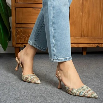  Kadın Stiletto İnce Burun Çok Renkli Hasır Arkası Açık Topuklu Ayakkabı