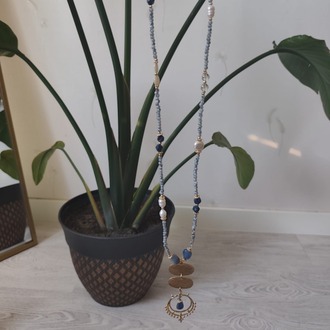 Bİ1- LAPİS LAZULİ, LABRODORİT VE İNCİ DETAYLI DOĞAL TAŞ KOLYE