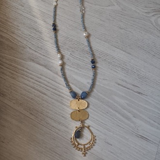 Bİ1- LAPİS LAZULİ, LABRODORİT VE İNCİ DETAYLI DOĞAL TAŞ KOLYE
