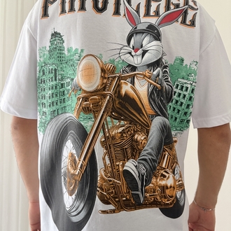 Motorlu Bugs Bunny Oversize Beyaz Tişört