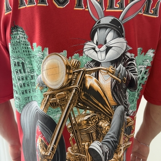 Motorlu Bugs Bunny Oversize Kırmızı Tişört