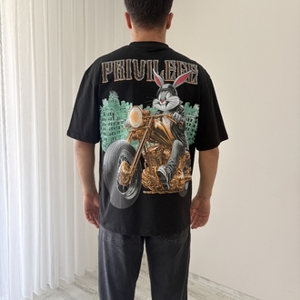 Motorlu Bugs Bunny Oversize Siyah Tişört