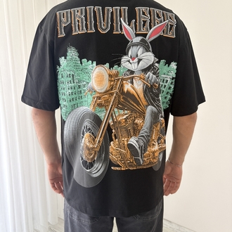 Motorlu Bugs Bunny Oversize Siyah Tişört