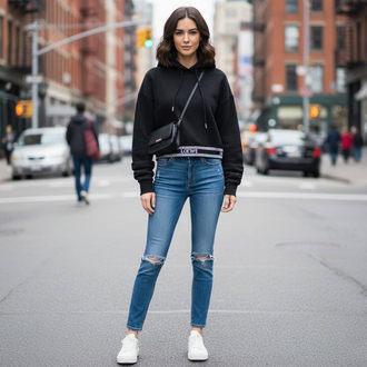 KADIN LOEWE Crop Kapüşonlu Sweat (Siyah)-5177-