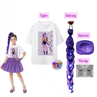kpop huntrix rumi baskılı tişört + rumi mor simli saç + saç tozu + yüz taşı seti
