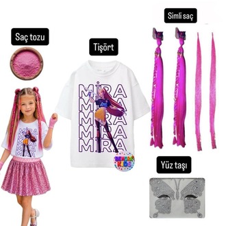 kpop mira baskılı tişört +pembe pullu etek + mita pembe simli saç +saç tozu + yüz taşı