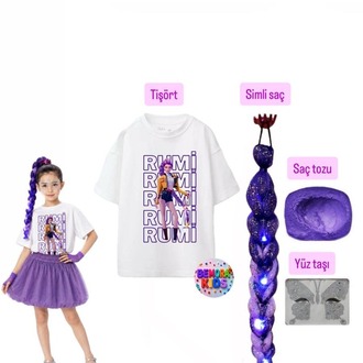 kpop rumi baskılı tişört + mor balon etek + rumi mor simli saç +saç tozu + yüz taşı seti