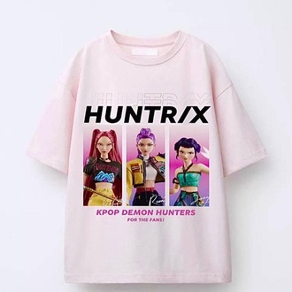 kpop huntrix baskılı tişört + mira pembe simli saç + saç tozu + yüz taşı seti