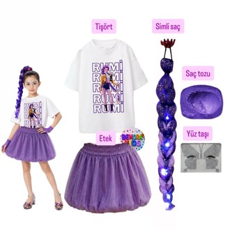 kpop rumi baskılı tişört + mor balon etek + rumi mor simli saç +saç tozu + yüz taşı seti