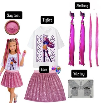 kpop mira baskılı tişört +pembe pullu etek + mita pembe simli saç +saç tozu + yüz taşı