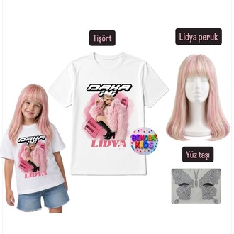 manifest lidya tişört + peruk + yüz taşı 3 lü set