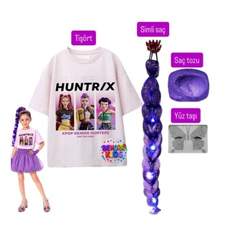 kpop huntrix baskılı tişört + rumi mor simli saç + saç tozu + yüz taşı seti