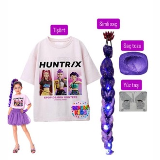 kpop huntrix baskılı tişört + mor balon etek + rumi mor simli saç +saç tozu + yüz taşı seti