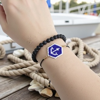 Marine Temalı Çapa Tasarımlı Miyuki & Lav Taş İkili Bileklik Seti