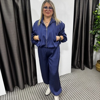 Saten Saks Mavi Paça ve Bel Lastikli İkili Takım