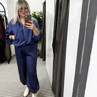 Saten Saks Mavi Paça ve Bel Lastikli İkili Takım