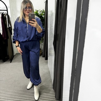 Saten Saks Mavi Paça ve Bel Lastikli İkili Takım