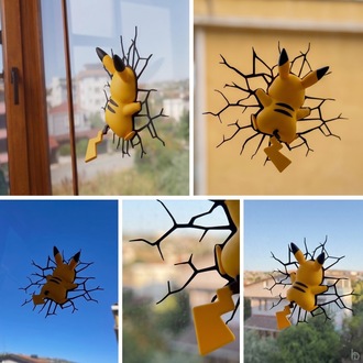 Pikachu Cam Çatlağı Efektli 3D Dekoratif Anime Figür Süs