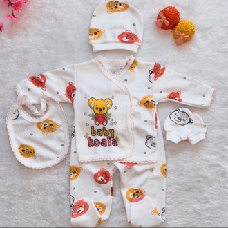 Sarı kırmızı koala baskılı yenidoğan hastane çıkışı bebek takımı