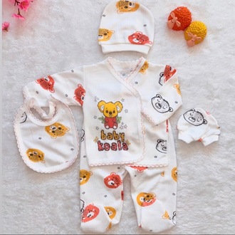 Sarı kırmızı koala baskılı yenidoğan hastane çıkışı bebek takımı
