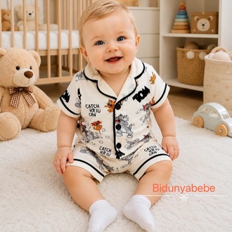 Tom ve Jerry baskılı alt üst bebek pijama takımı