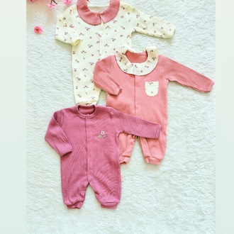 3lü ahududu desenli bebek tulum set 