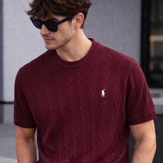 Polo Ralphlauren-Bordo-Örgü-Bisiklet Yaka-Triko Döküm-