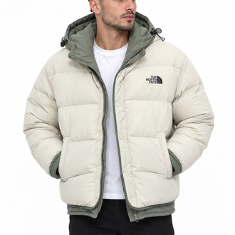 The North Face Erkek Kapşonlu, İki Renkli Şişme Mont – Kırık Beyaz ve Haki Yeşil