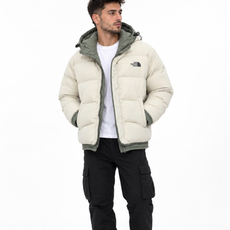 The North Face Erkek Kapşonlu, İki Renkli Şişme Mont – Kırık Beyaz ve Haki Yeşil